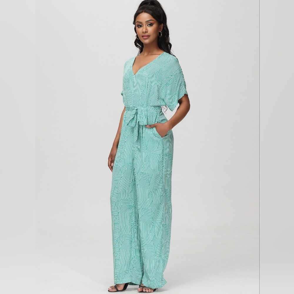 89th & Madison Green Stripe Geometric Print Jumpsuit